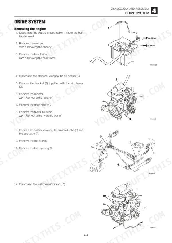 Gehl CTL65 engine removal procedure with diagrams for battery, air cleaner, hydraulic pump, and fuel hose disconnection.