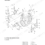 Gehl CTL80 exploded view of engine mount assembly, including engine feet, silencer, air cleaner, and torque specifications.