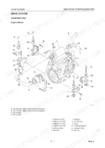 Gehl CTL80 exploded view of engine mount assembly, including engine feet, silencer, air cleaner, and torque specifications.