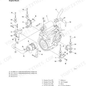 Gehl CTL80 exploded view of engine mount assembly, including engine feet, silencer, air cleaner, and torque specifications.