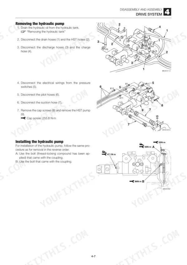 Gehl CTL85 hydraulic pump removal and installation procedure with hose and bolt torque diagrams.