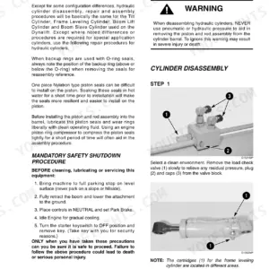 Gehl DL6, DL7, DL8, DL9, DL10, DL11, DL12 hydraulic cylinder repair, disassembly procedures, and safety shutdown steps.