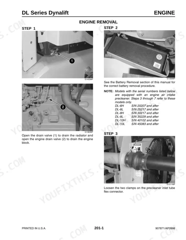 Gehl DL6, DL7, DL8, DL9, DL10, DL11, DL12 engine removal procedure showing radiator, engine drain valves, and precleaner.