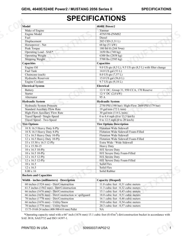 Gehl, Mustang 4640E Power2, 5240E Power2 technical specifications table for engine, capacities, electrical, and tires.