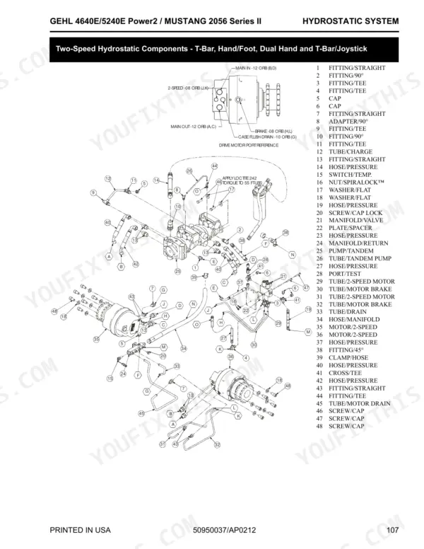Gehl, Mustang 4640E Power2, 5240E Power2 hydrostatic system exploded view diagram of two-speed motor components and parts list.