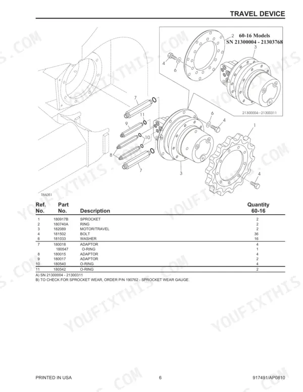 Gehl, Mustang CTL60, CTL70, CTL80, MTL16, MTL20, MTL25 travel device exploded view diagram and parts list.
