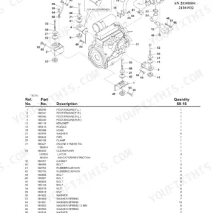 Gehl, Mustang CTL60, CTL70, CTL80, MTL16, MTL20, MTL25 engine and accessories exploded view and parts list.