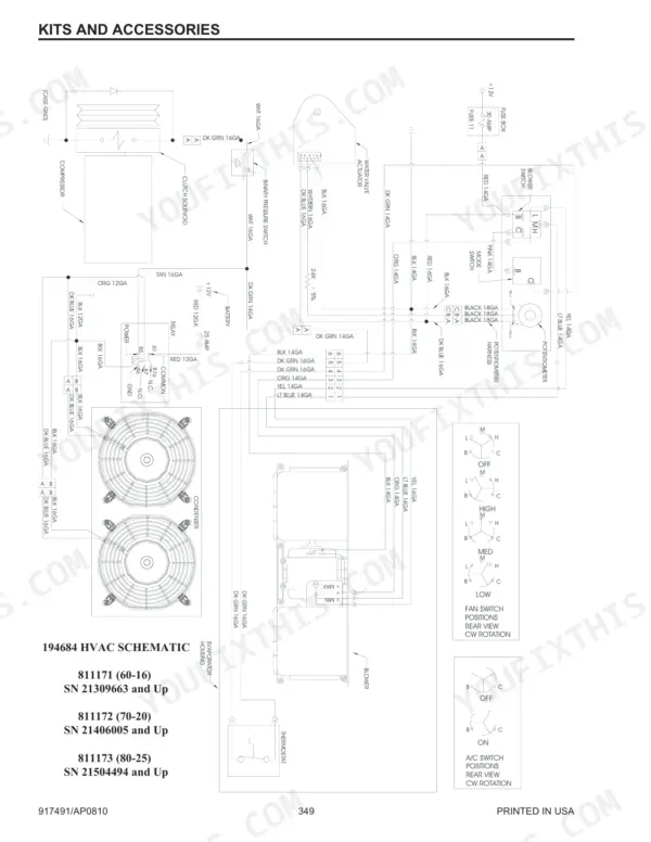 Gehl, Mustang CTL60, CTL70, CTL80, MTL16, MTL20, MTL25 HVAC electrical wiring schematic for blower and AC system.