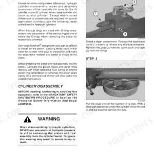 Gehl RS5-19 hydraulic cylinder repair procedures, including load check valve removal and cylinder disassembly steps.