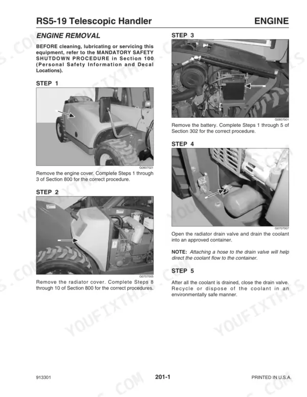 Gehl RS5-19 engine removal procedure steps showing engine cover, radiator cover, battery removal, and radiator drain valve.