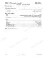 Gehl RS5-19 telescopic handler general specifications table for powertrain, hydrostatic transmission, axles, and Deutz engine.
