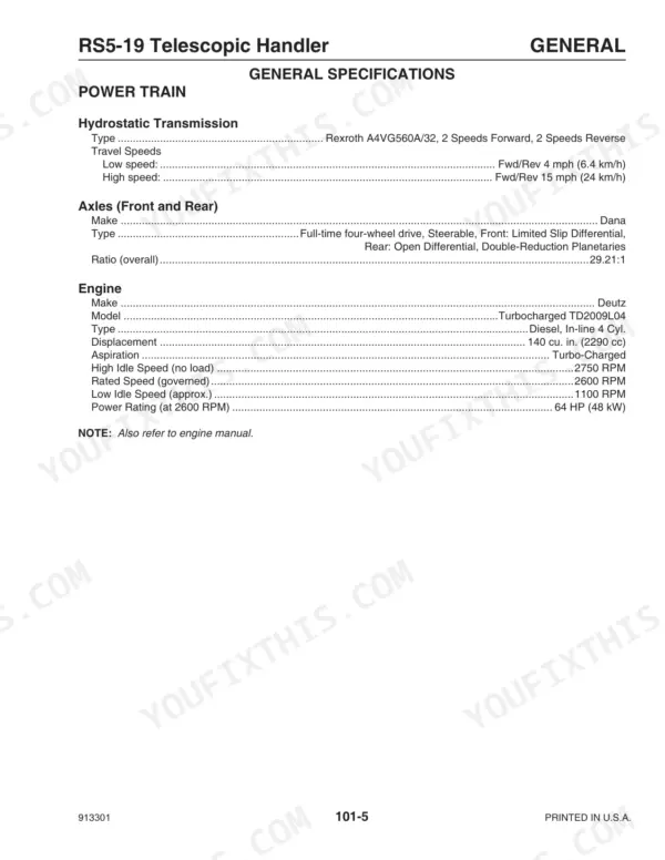 Gehl RS5-19 telescopic handler general specifications table for powertrain, hydrostatic transmission, axles, and Deutz engine.
