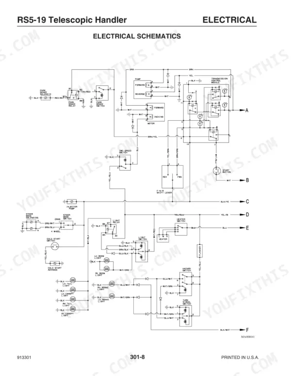 Gehl RS5-19 electrical schematic showing transmission control, park brake, lighting, and steering mode circuits.