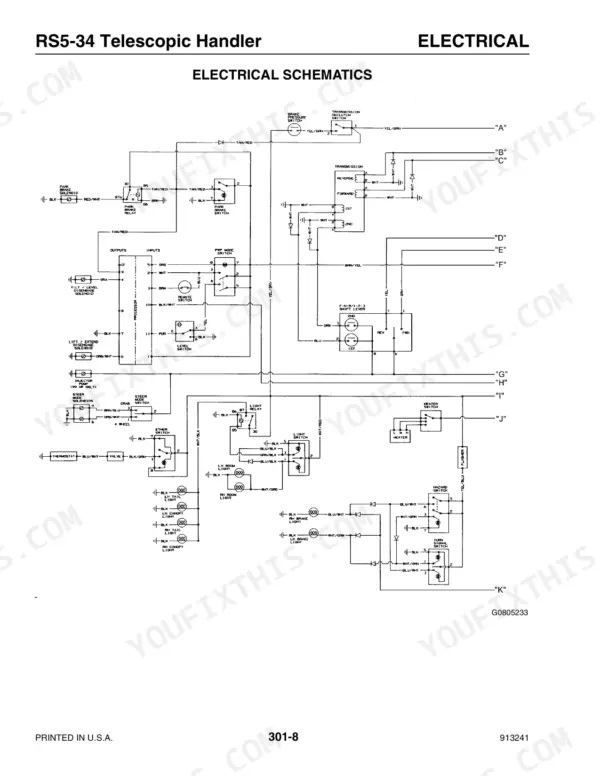 Gehl RS5-34, RS6-34 electrical schematic showing transmission, park brake, lighting, and heater control circuits.