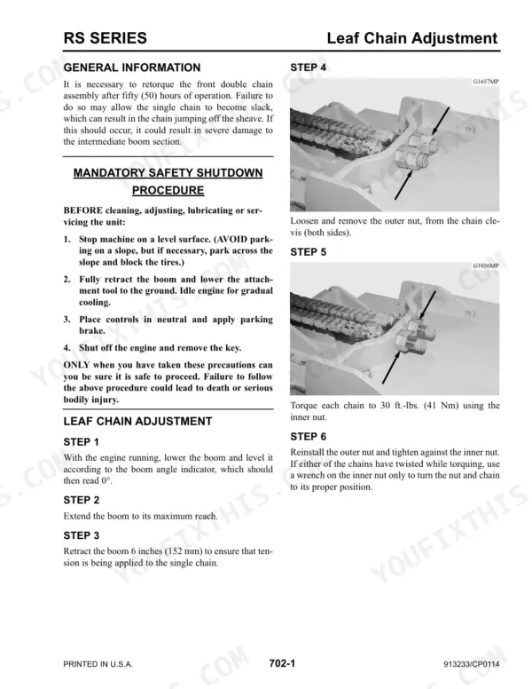 Gehl RS6-42, RS8-42, RS8-44, RS10-44, RS10-55, RS12-42 leaf chain adjustment procedure and safety shutdown steps.