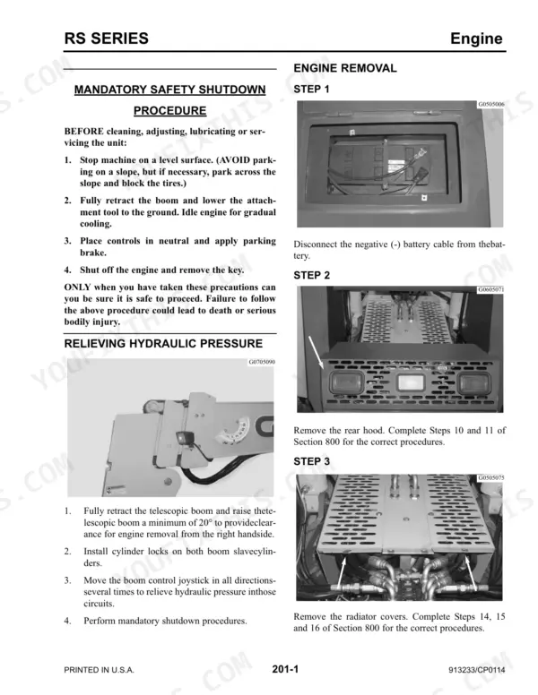 Gehl RS6-42, RS8-42, RS8-44, RS10-44, RS10-55, RS12-42 engine removal, safety shutdown, and hydraulic pressure relief procedures.