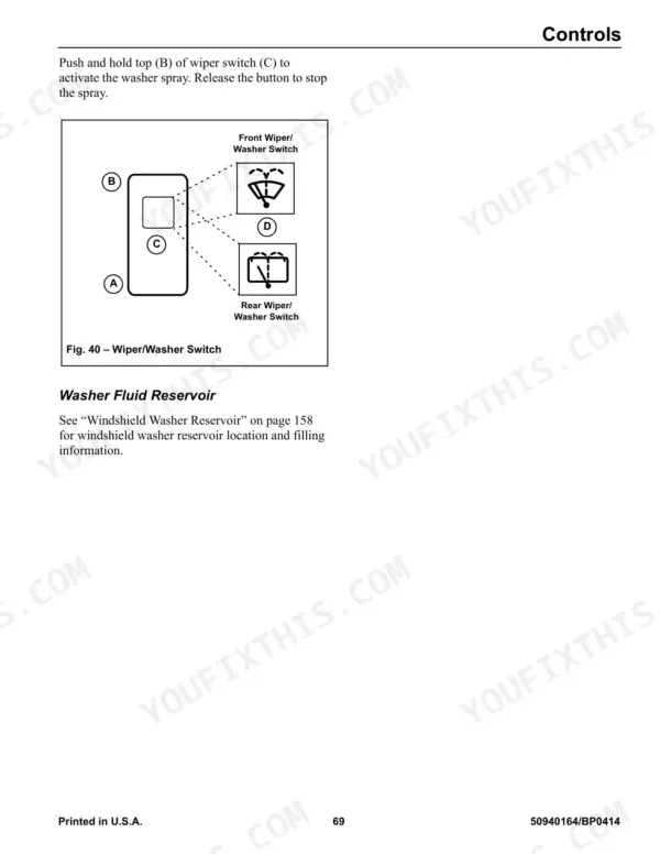 Gehl RT175, RT175 Gen:2, RT210, RT210 Gen:2, RT250 wiper and washer switch control diagram and operation procedure.