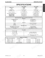 Gehl SL3635, SL3935 specifications table including engine, capacities, electrical, hydraulic, tire options, and bucket capacities.