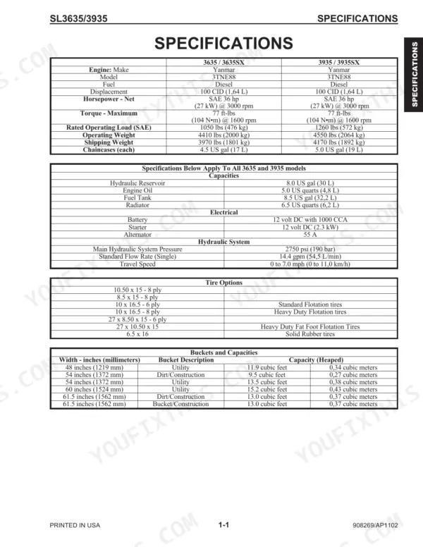 Gehl SL3635, SL3935 specifications table including engine, capacities, electrical, hydraulic, tire options, and bucket capacities.