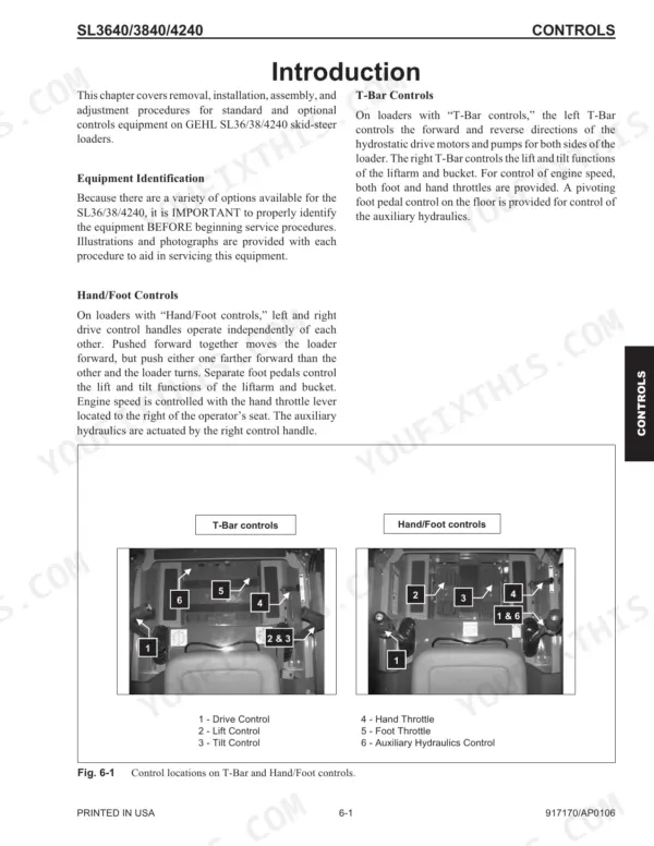 Gehl SL3640, SL3840, SL4240 service manual page showing T-Bar and Hand/Foot operator control locations and descriptions.