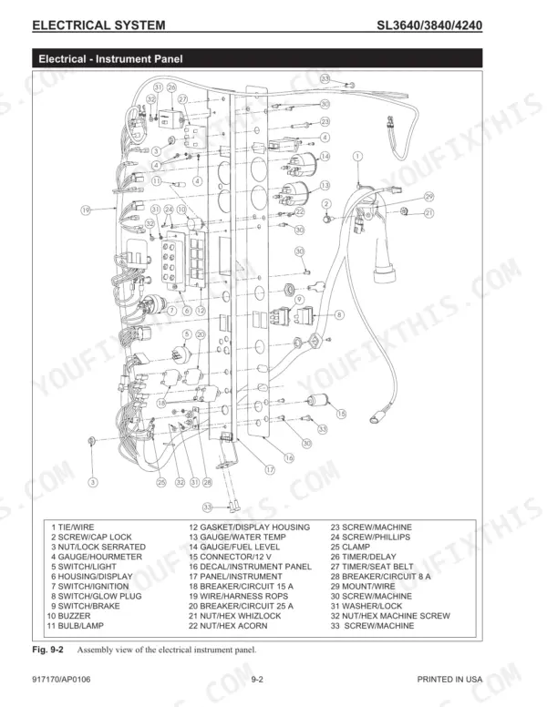 Gehl SL3640, SL3840, SL4240 instrument panel electrical system diagram and parts list with gauges, switches, and breakers.