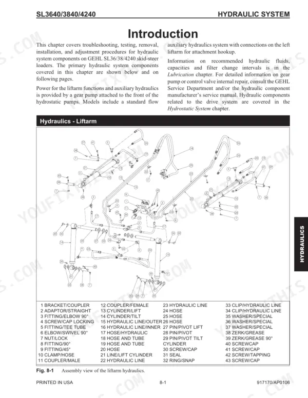 Gehl SL3640, SL3840, SL4240 hydraulic liftarm system exploded view diagram and parts list for service manual.