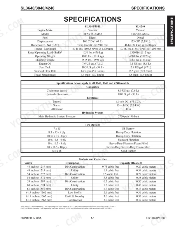 Gehl SL3640, SL3840, SL4240 technical specifications table including engine, capacities, electrical, hydraulic, and bucket data.