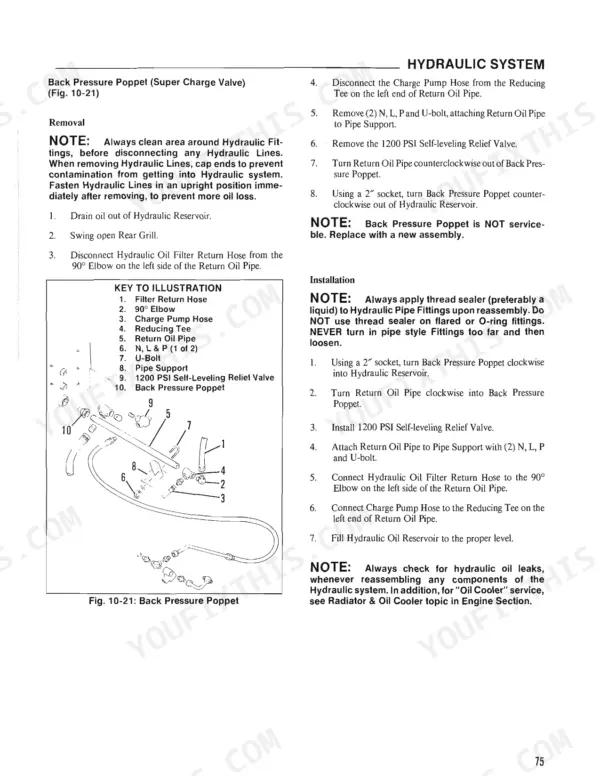 Gehl SL4510 GASOLINE, SL4610 DIESEL hydraulic system removal and installation procedures for the Back Pressure Poppet.