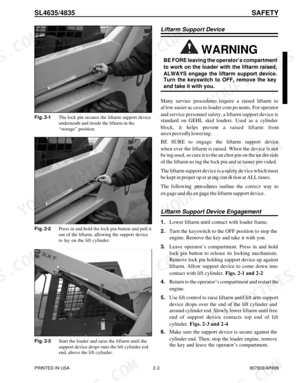 Gehl SL4635, SL4835 safety procedures for engaging the liftarm support device with step-by-step instructions and photos.