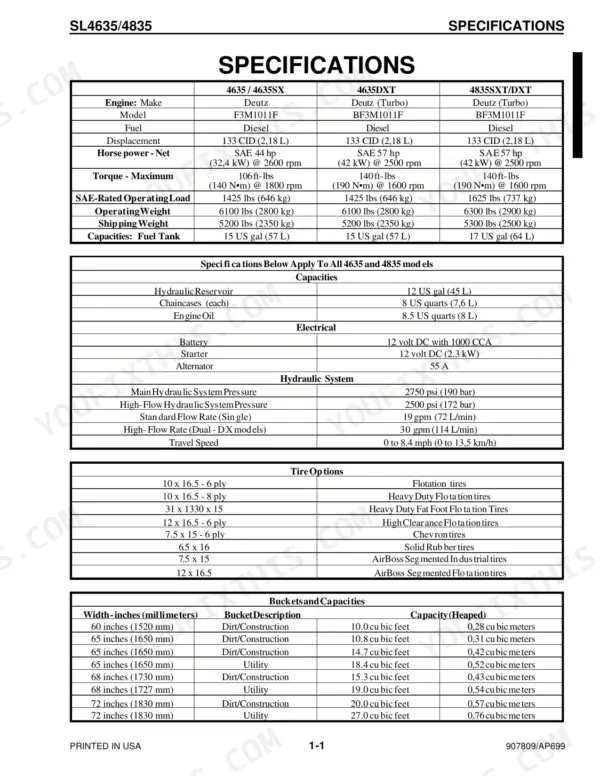 Gehl SL4635, SL4835 specifications table for engine, hydraulic system, tire options, and bucket capacities.