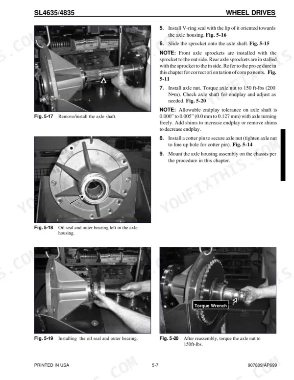 Gehl SL4635, SL4835 wheel drive service procedures, axle shaft installation, oil seal, bearing, and torque specifications.