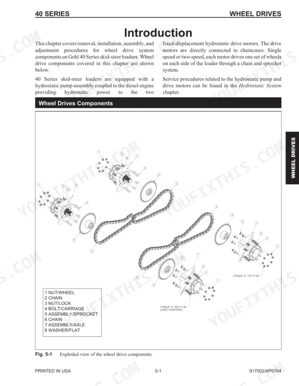 Gehl SL4640, SL4840, SL5640, SL6640 exploded view of wheel drive components, chains, sprockets, and axle assemblies.