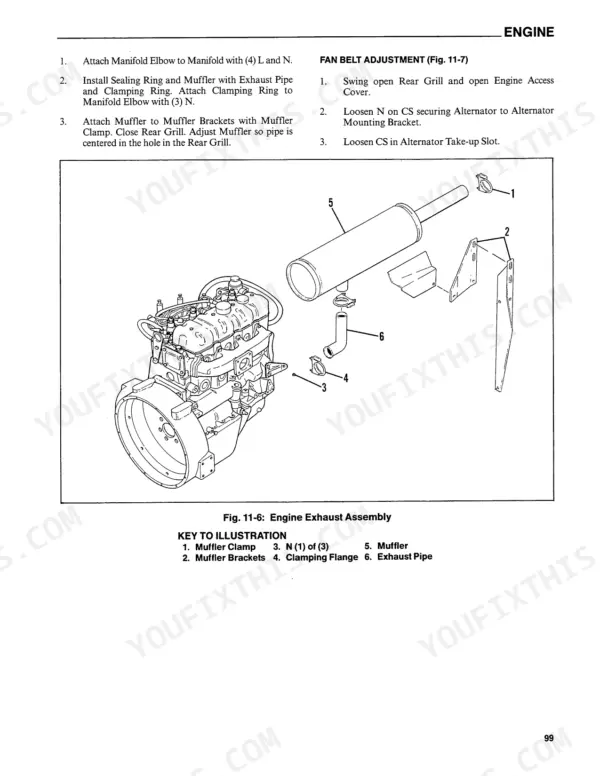 Gehl SL6620, SL6625 engine exhaust assembly exploded view and fan belt adjustment procedures.