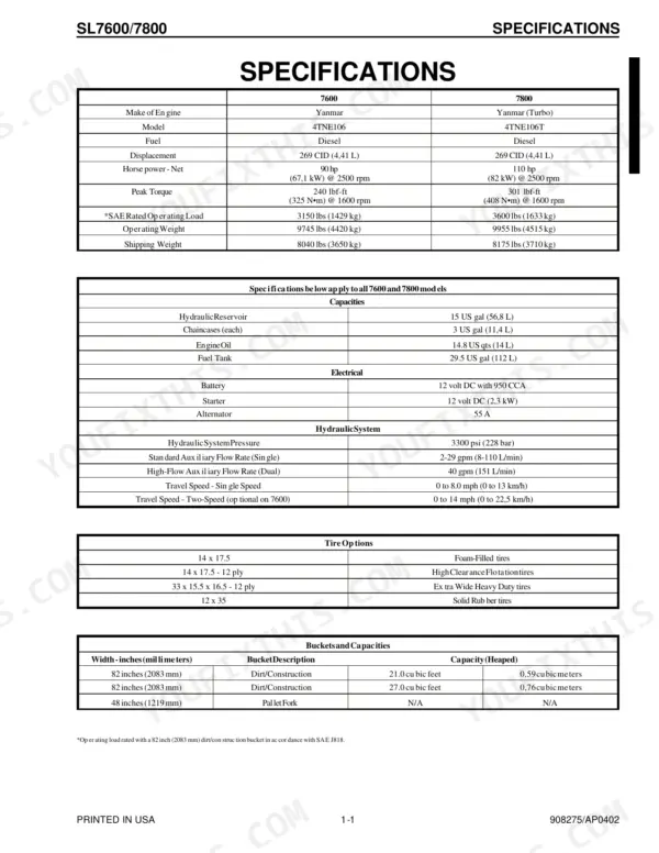 Gehl SL7600, SL7800 specifications table including engine, capacities, electrical, hydraulic, tire, and bucket data.