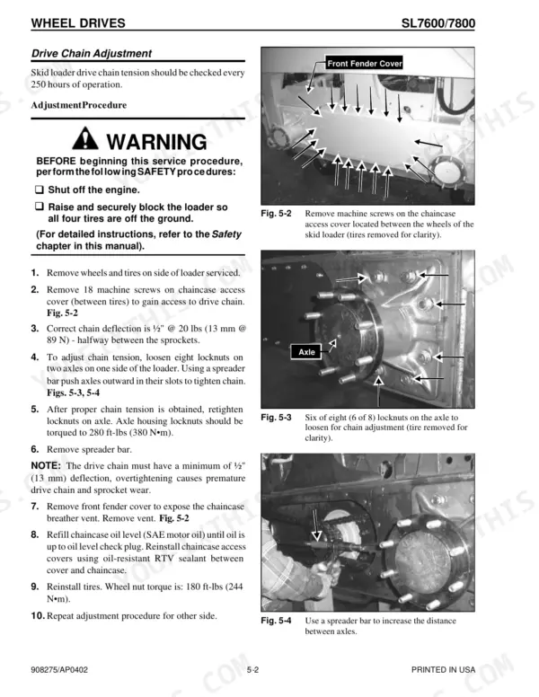 Gehl SL7600, SL7800 drive chain adjustment procedure, chaincase access cover removal, and axle locknut torque specifications.
