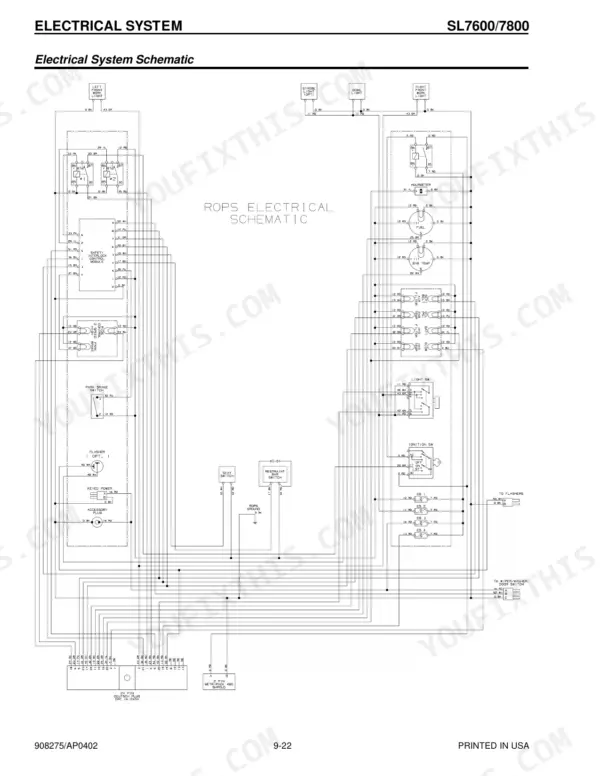 Gehl SL7600, SL7800 ROPS electrical schematic showing wiring for lights, ignition, gauges, and safety interlock module.