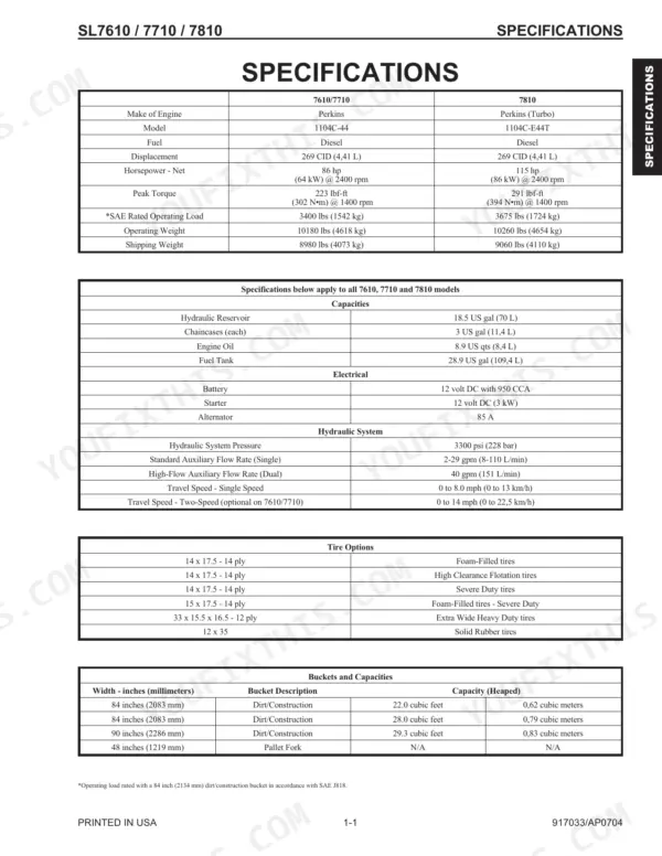 Gehl SL7610, SL7710 (EU), SL7810 engine, capacity, hydraulic, tire, and bucket specifications table.