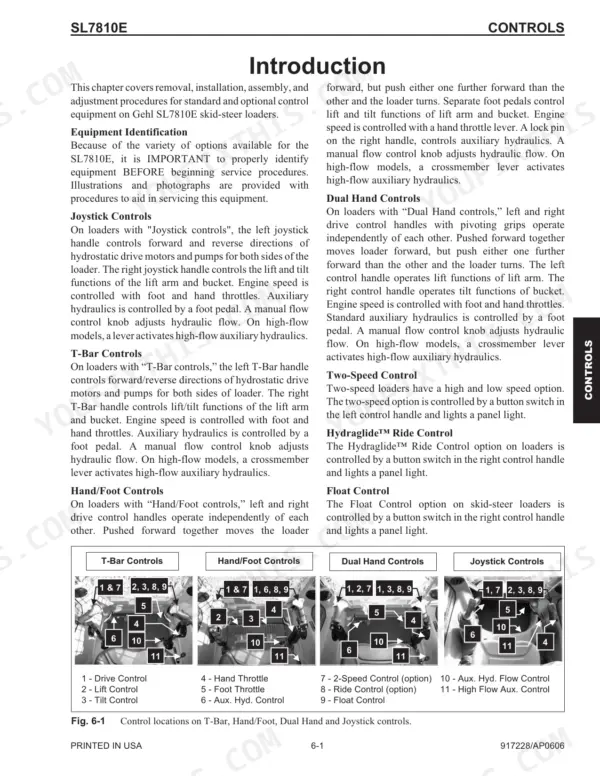 Gehl SL7810E controls manual page showing T-Bar, Hand/Foot, Dual Hand, and Joystick control diagrams and descriptions.