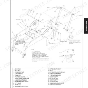 Gehl SL7810E exploded view diagram of lift arm components, pins, bushings, and hardware with parts list and assembly notes.