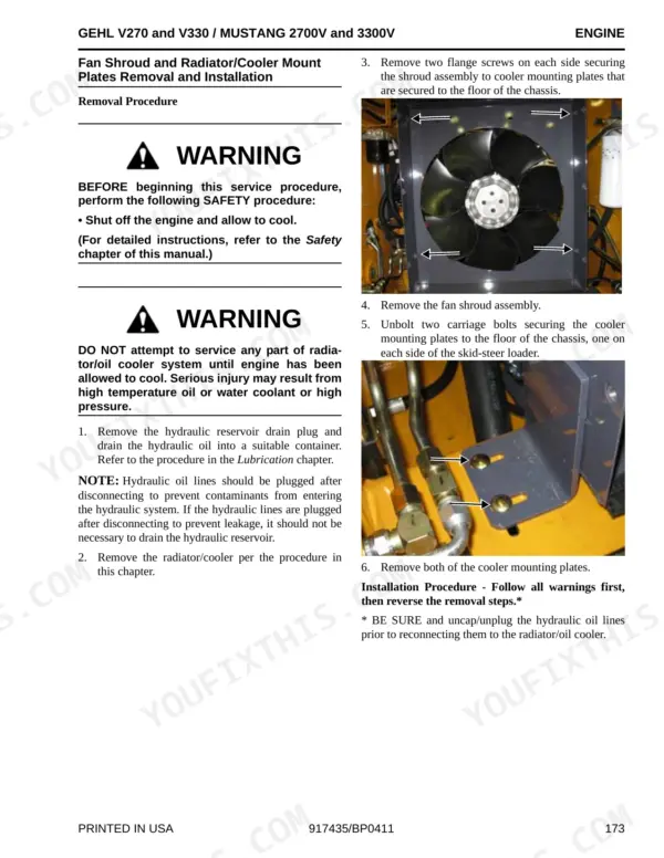 Gehl V270, V330, 2700V, 3300V service manual procedure for fan shroud and radiator cooler mount plate removal.