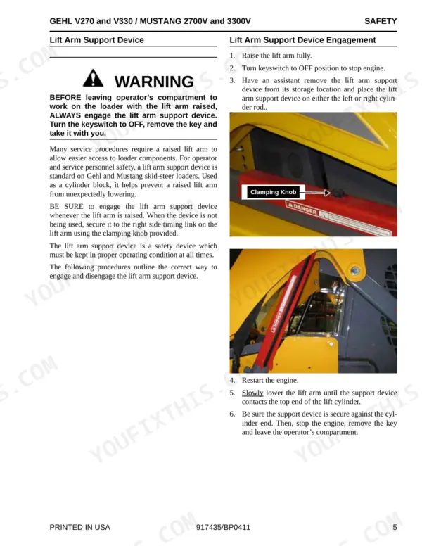 Gehl V270, V330, 2700V, 3300V safety procedure for engaging the lift arm support device with clamping knob photos.