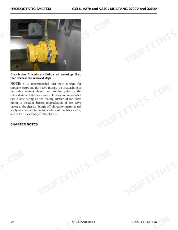 Gehl V270, V330, 2700V, 3300V hydrostatic drive motor installation procedure and o-ring replacement guide.