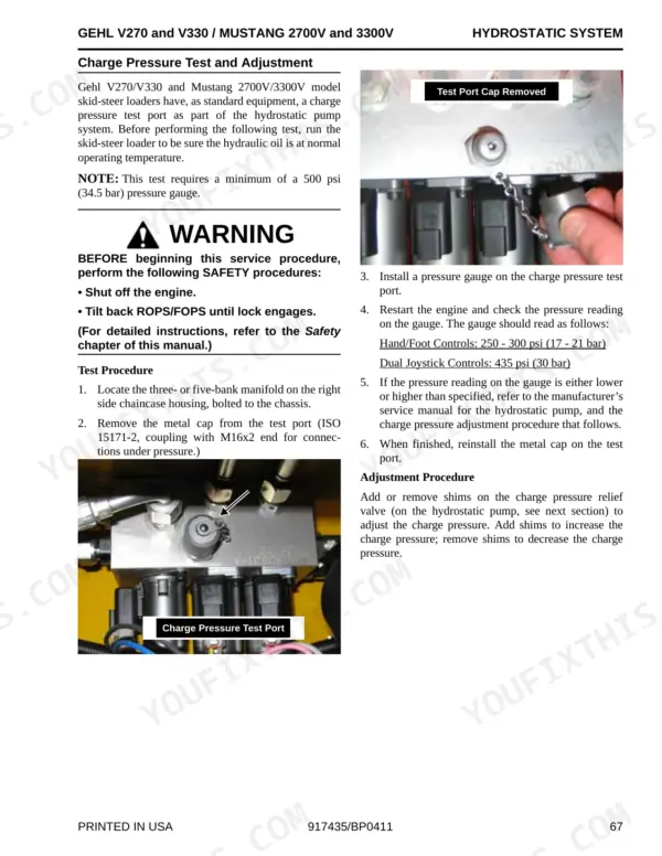 Gehl V270, V330, 2700V, 3300V hydrostatic system charge pressure test and adjustment procedure with test port photos.