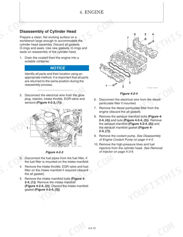 Gehl Z45 GEN:2, 450Z NXT2 cylinder head disassembly procedure, exhaust manifold exploded view, and engine sensor diagrams.