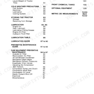 International 3388, 3588, 3788 operator manual table of contents page 3 covering maintenance, lubrication, and cab systems.