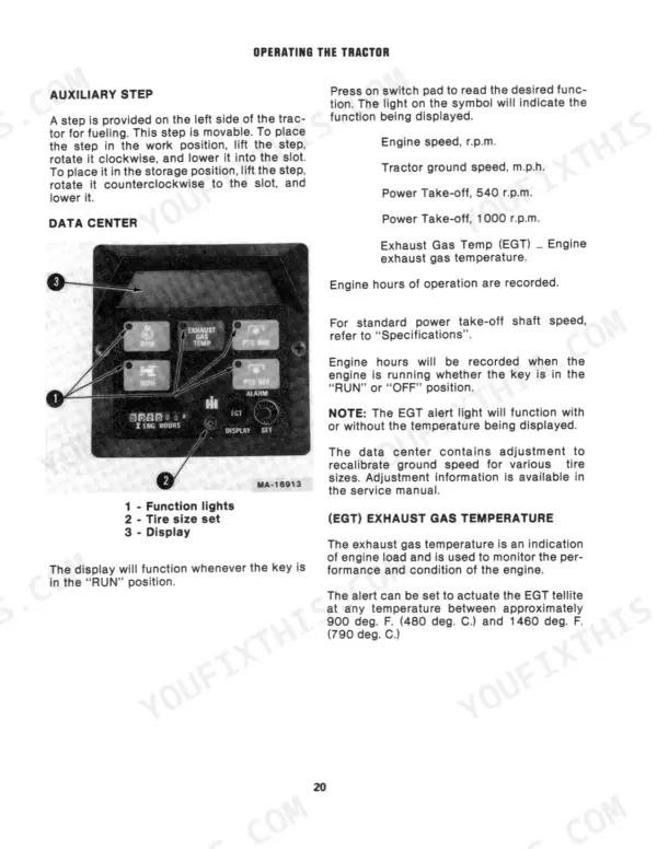 International 3388, 3588, 3788 operator manual page showing auxiliary step operation and data center display functions.
