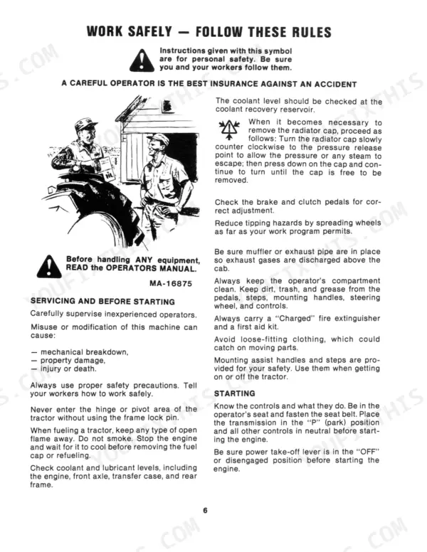 International 3388, 3588, 3788 safety rules, radiator cap removal, and pre-start operating procedures.