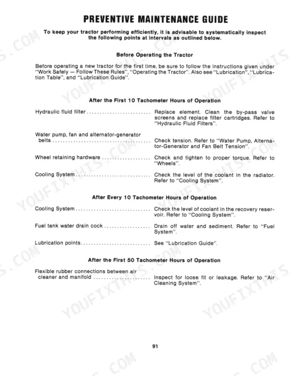 International 3388, 3588, 3788 preventive maintenance guide table for 10 and 50 hour service intervals.
