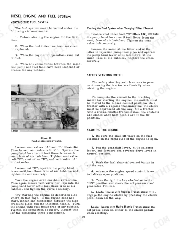 International 3444, International 3444 Loader Tractor diesel engine fuel system venting and starting procedures.