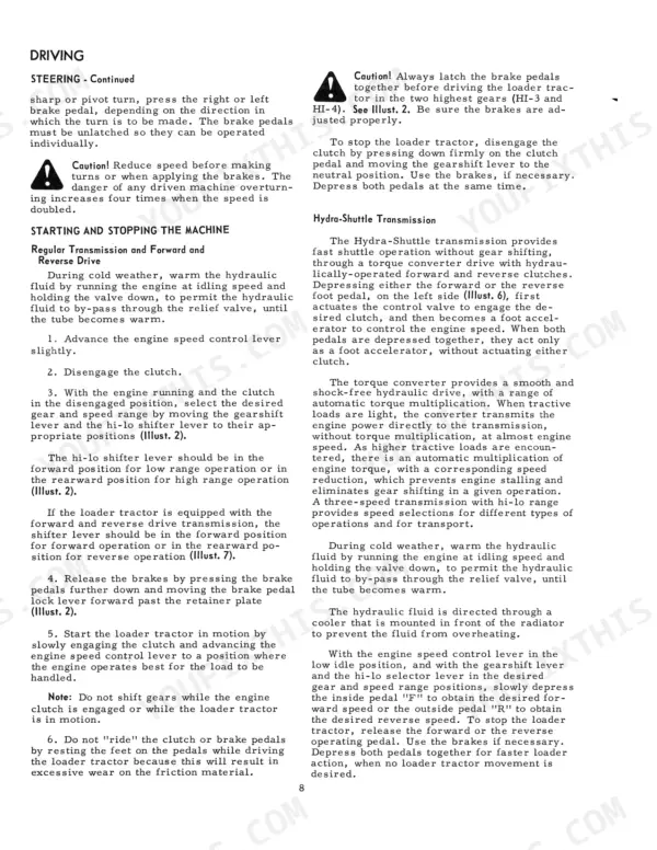 International 3444, International 3444 Loader Tractor driving, steering, and Hydra-Shuttle transmission operating procedures.
